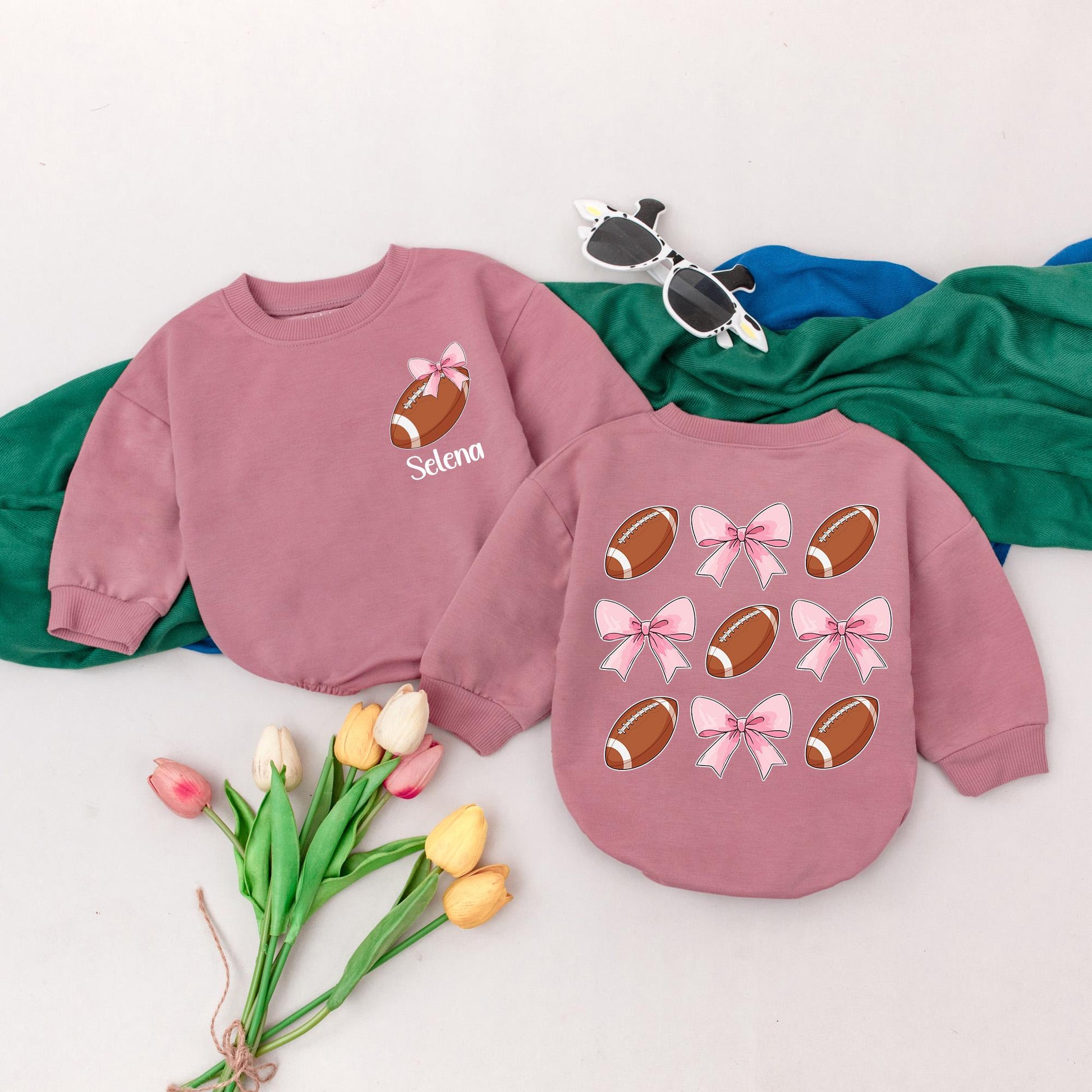 Personalized Football Bow Baby Romper Custom Name Retro Game Day Outfit Bubble for Baby Girl Boy Gameday Season Gifts