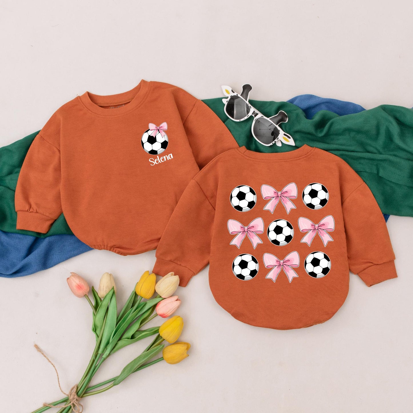 Personalized Soccer Bow Baby Romper, Retro Game Day Outfit for Baby Girls, Custom Name Bubble Romper, Perfect 1st Birthday Gift & Coming Home Clothes