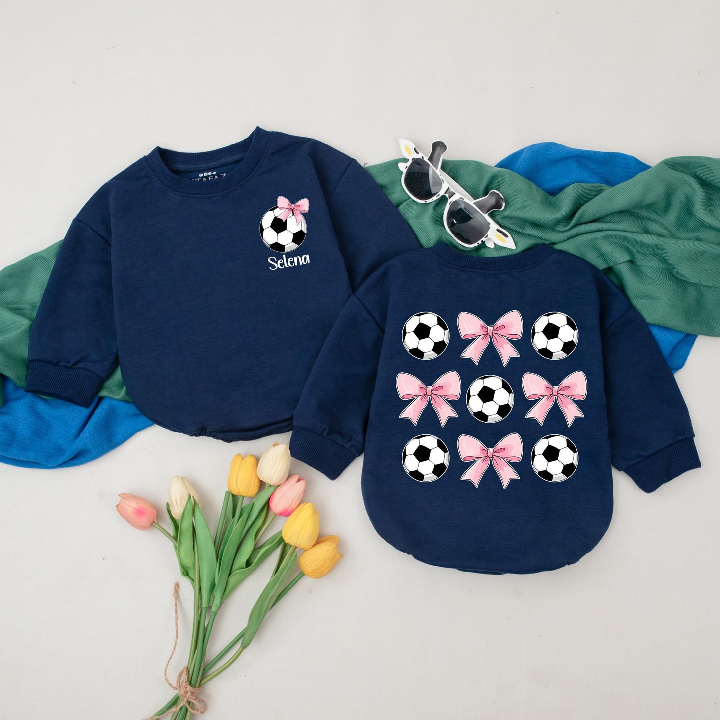 Personalized Soccer Bow Baby Romper, Retro Game Day Outfit for Baby Girls, Custom Name Bubble Romper, Perfect 1st Birthday Gift & Coming Home Clothes