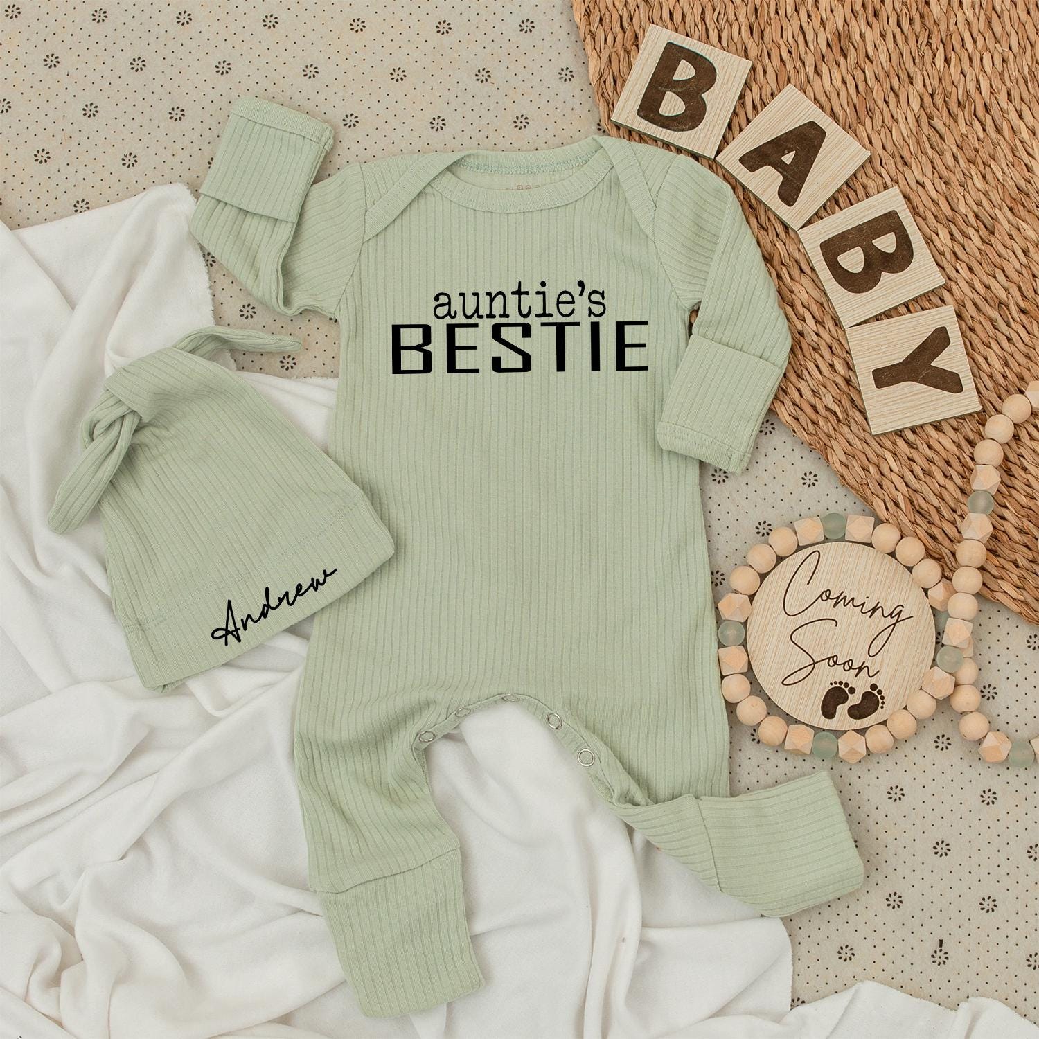 Auntie's Bestie Baby Bodysuit & Hat Set - Adorable Auntie Outfit, Cute Unisex Newborn Gift, Coming Home Outfit, Auntie Loves Me Bodysuit (139 chars)