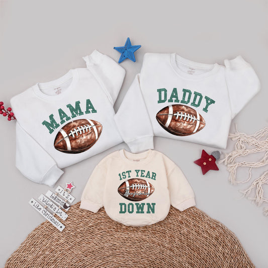 Custom Football First Birthday Boy "1st Year Down" Benjamin Shirt Daddy Mama Family Crew Party
