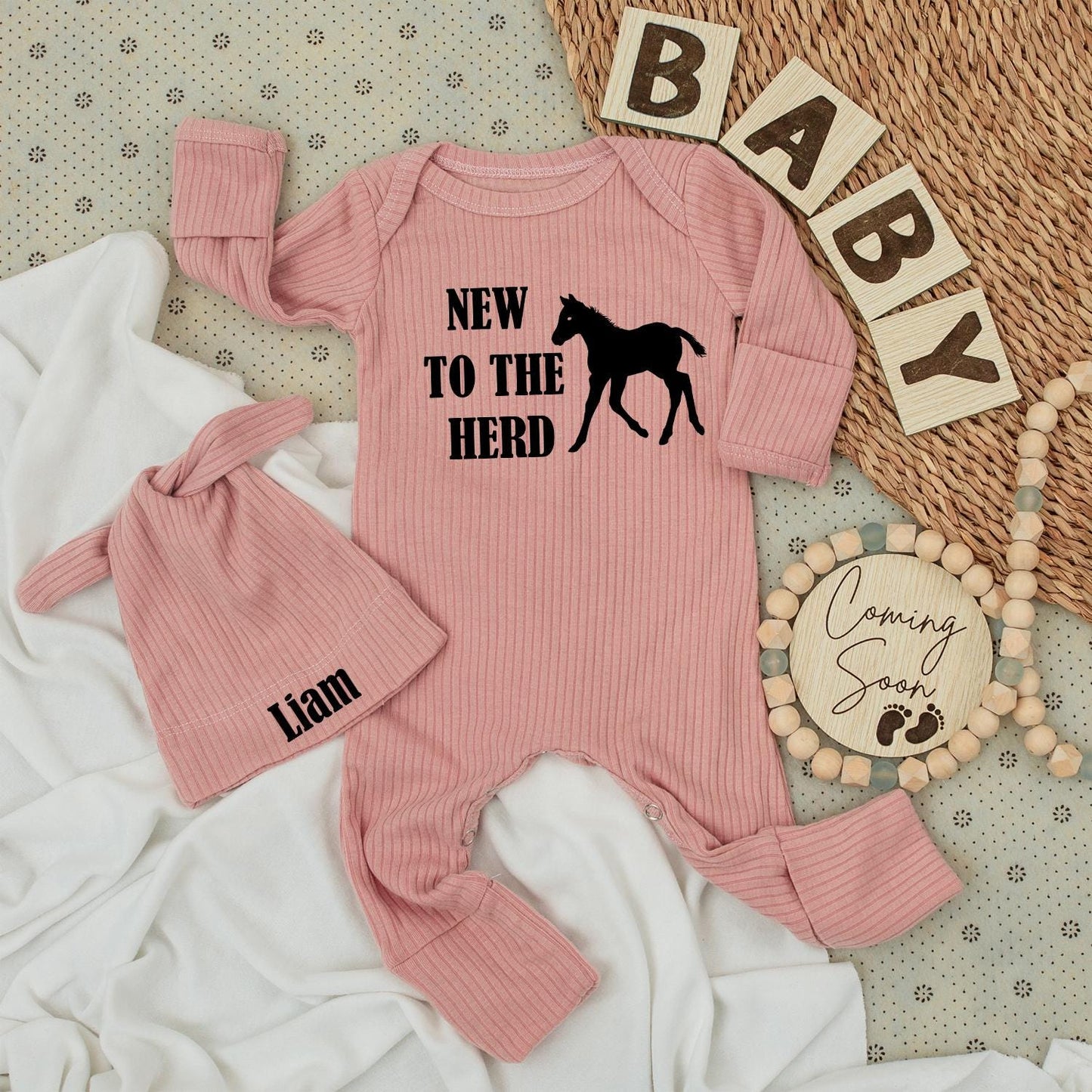 New to the Herd Baby Bodysuit and Hat Set Country Farm Horse Baby Shower Gift for Boys and Girls
