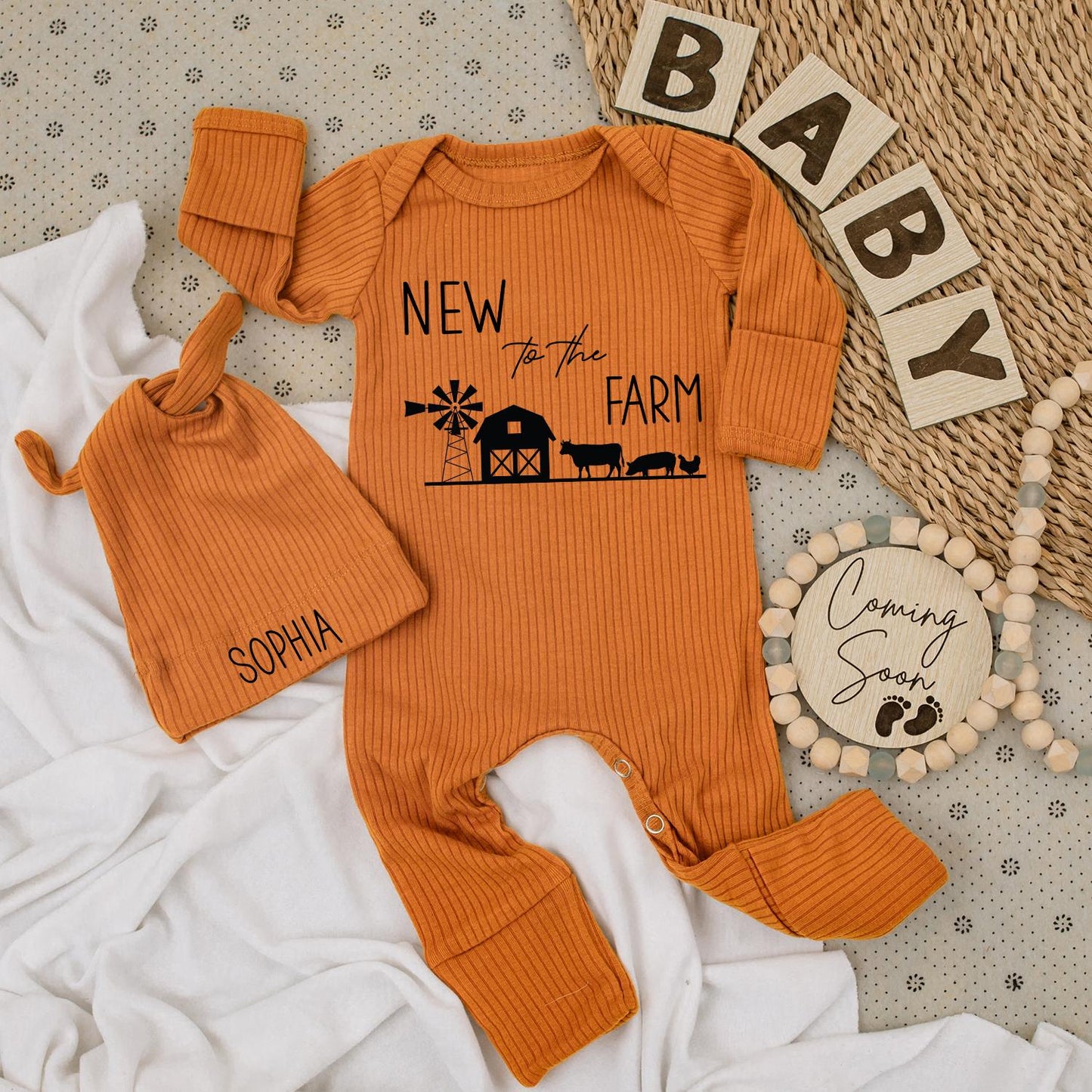 New to the Farm Baby Bodysuit & Hat Set Adorable Country Cow Farm Baby Shower Gift Welcome Baby Outfit