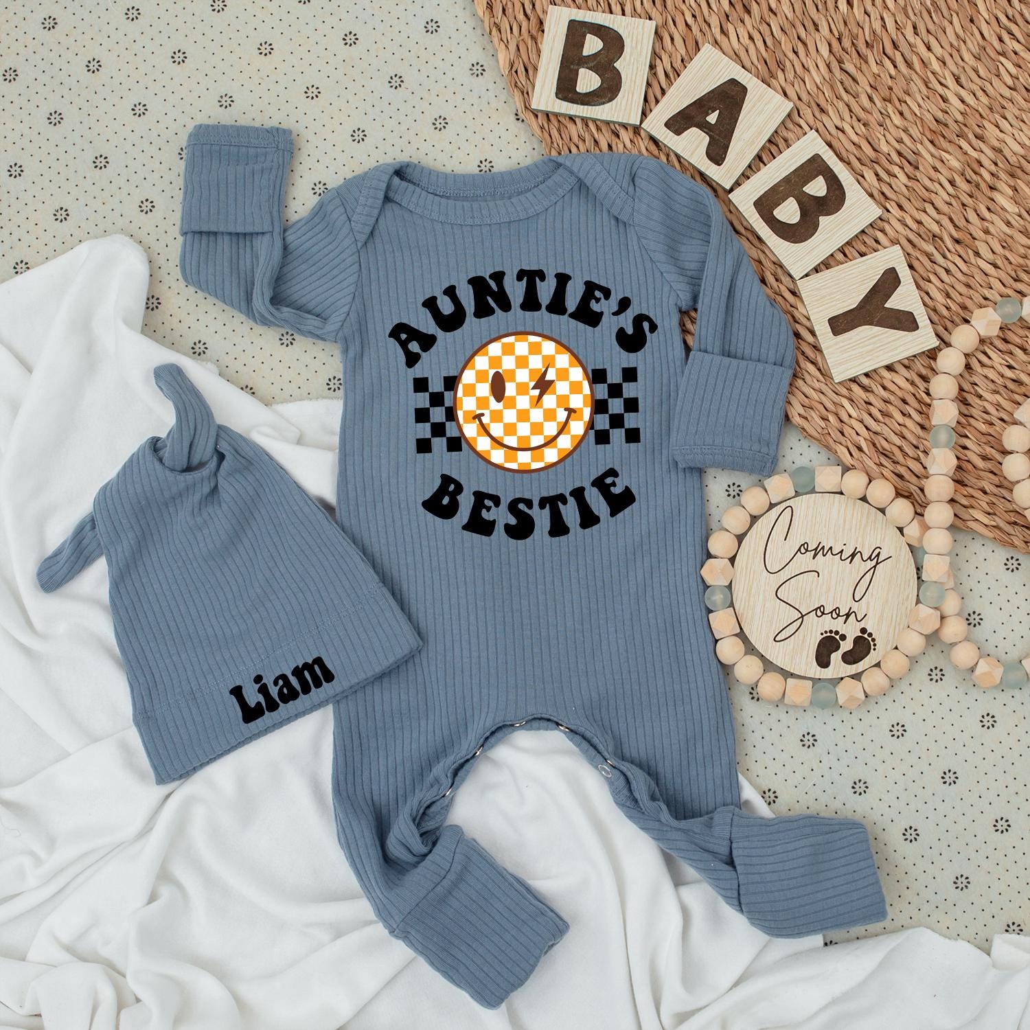 Auntie's Bestie Baby Bodysuit & Hat Set Cute Unisex Aunt Gift Newborn Going Home Outfit Adorable