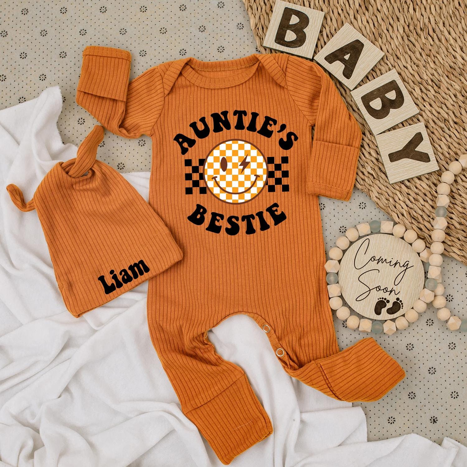 Auntie's Bestie Baby Bodysuit & Hat Set Cute Unisex Aunt Gift Newborn Going Home Outfit Adorable
