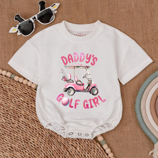Daddy's Golf Girl Bubble Romper Watercolor Pink Golf Cart & Clubs Outfit for Future Golfers & Daddy's Golfing Buddies