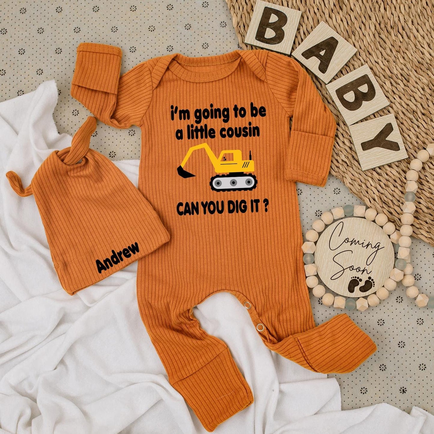 Little Cousin Construction Bodysuit & Hat Set "Can You Dig It?" Yellow Vehicle Baby Outfit Gift for Nephew Andrew