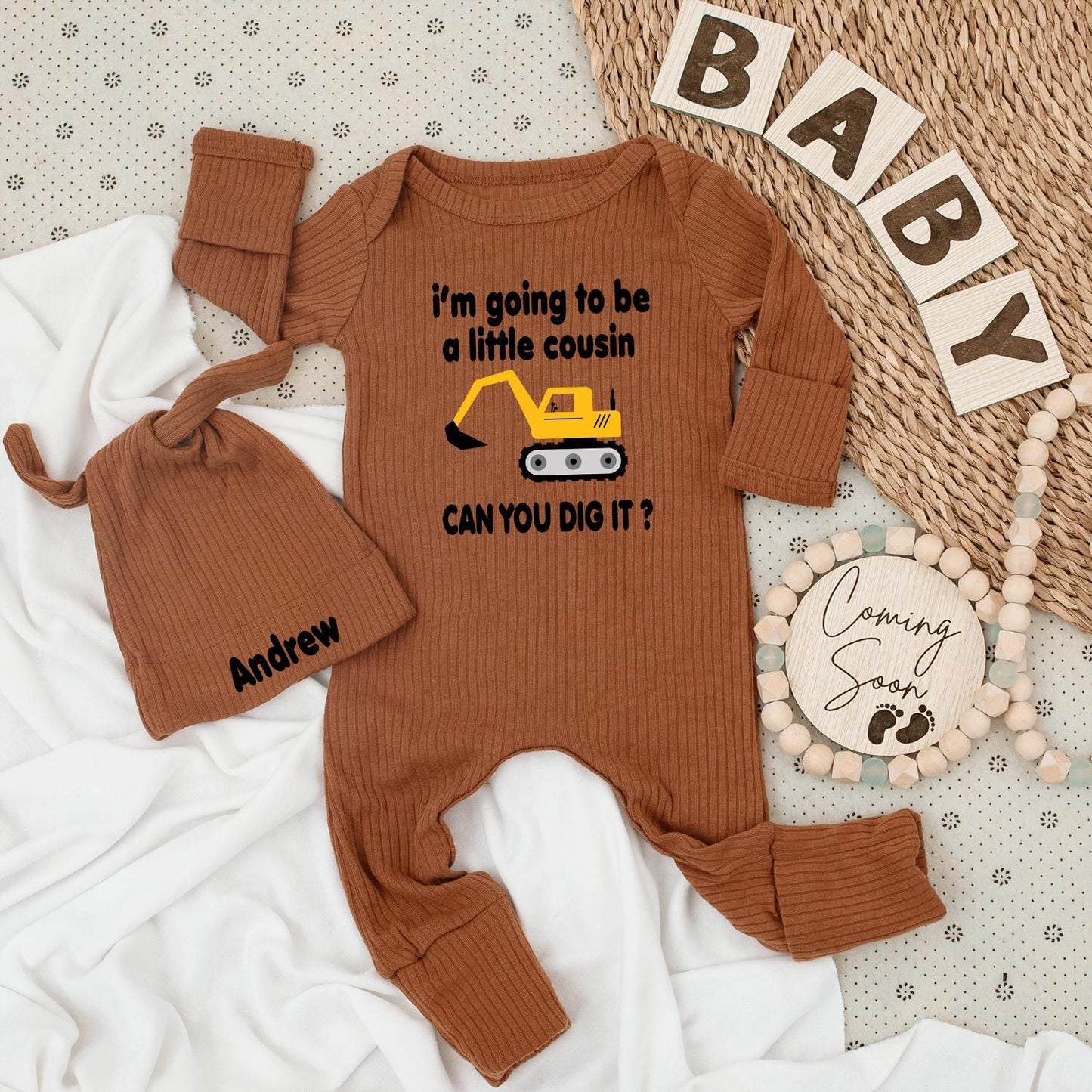 Little Cousin Construction Bodysuit & Hat Set "Can You Dig It?" Yellow Vehicle Baby Outfit Gift for Nephew Andrew