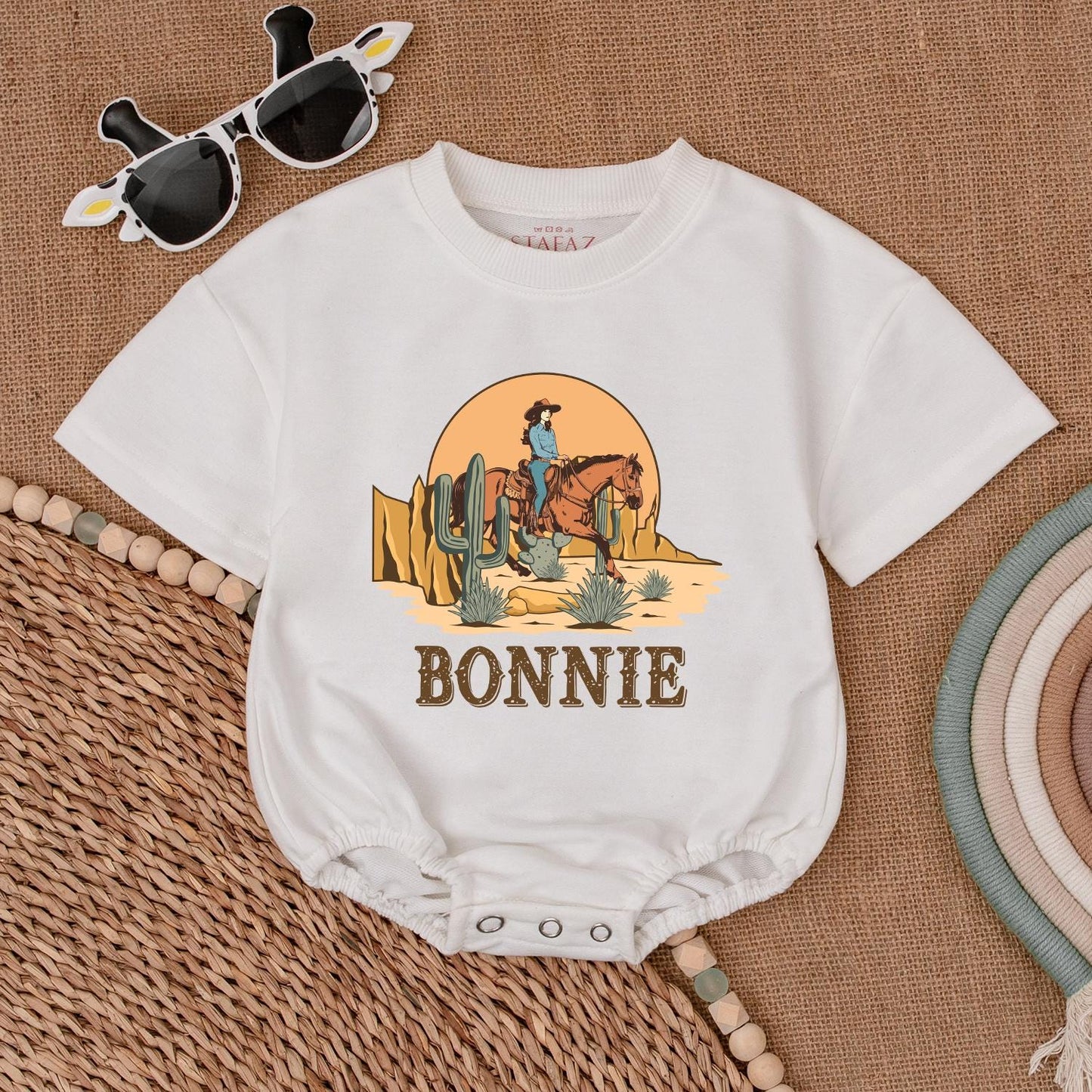 Bonnie's Retro Cowgirl Romper Western Horse Sunset Desert Toddler Baby Girl First Rodeo Birthday Outfit