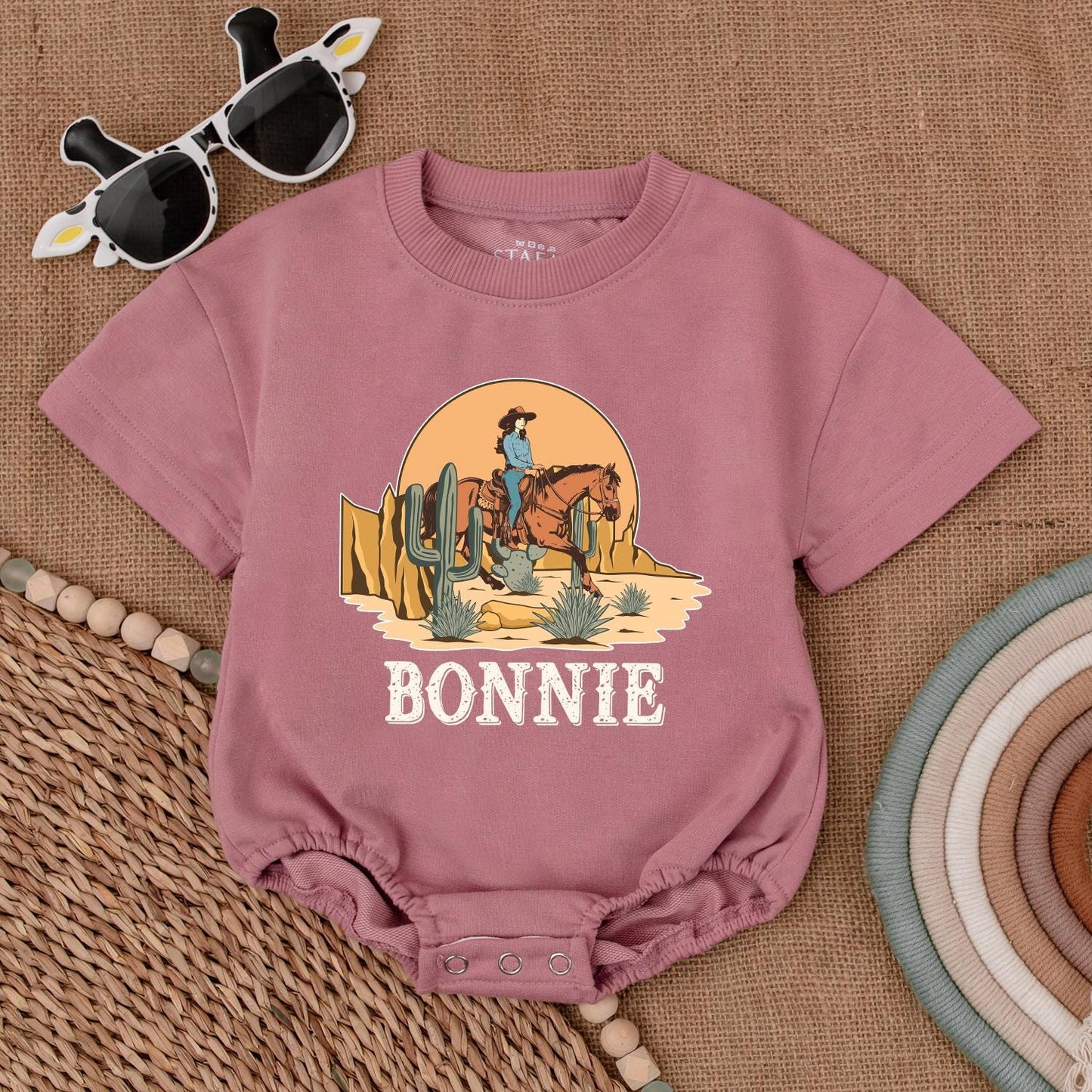Bonnie's Retro Cowgirl Romper Western Horse Sunset Desert Toddler Baby Girl First Rodeo Birthday Outfit