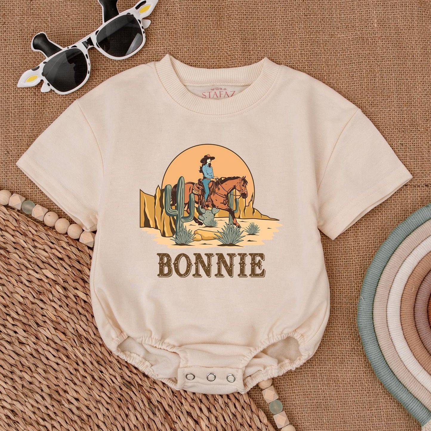Bonnie's Retro Cowgirl Romper Western Horse Sunset Desert Toddler Baby Girl First Rodeo Birthday Outfit