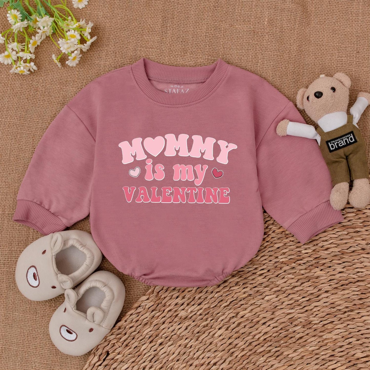Mommy is My Valentine Baby Romper Retro Heart Outfit, Girls Valentine's Day Gift Bodysuit, Cute Newborn Clothes, First Valentines Outfit Soft Pink