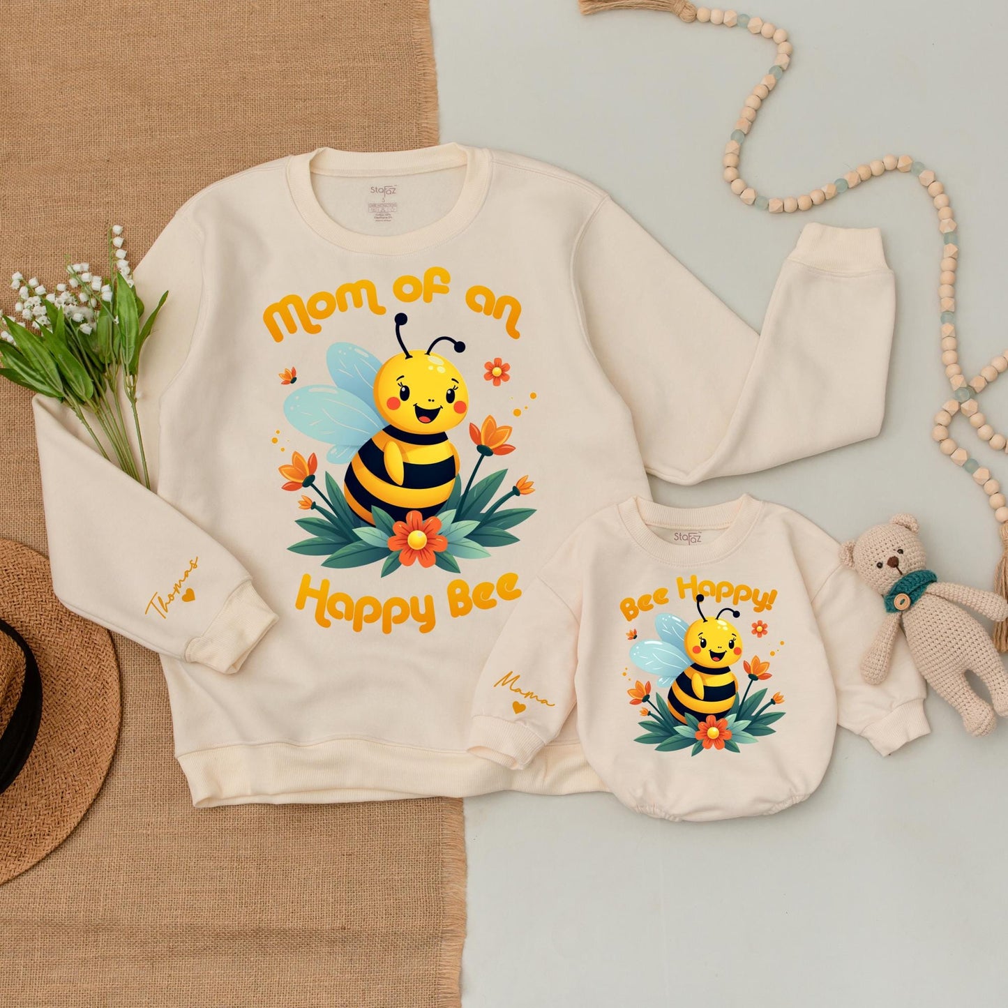 Bee Happy Family Matching Sweatshirt Set Honey Bee Toddler Shirt Mommy To Bee Baby Romper Cozy Cotton Holiday Gift