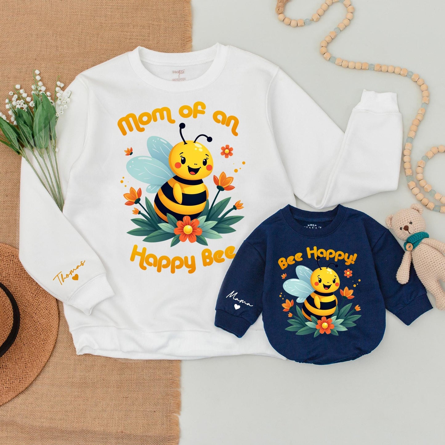 Bee Happy Family Matching Sweatshirt Set Honey Bee Toddler Shirt Mommy To Bee Baby Romper Cozy Cotton Holiday Gift