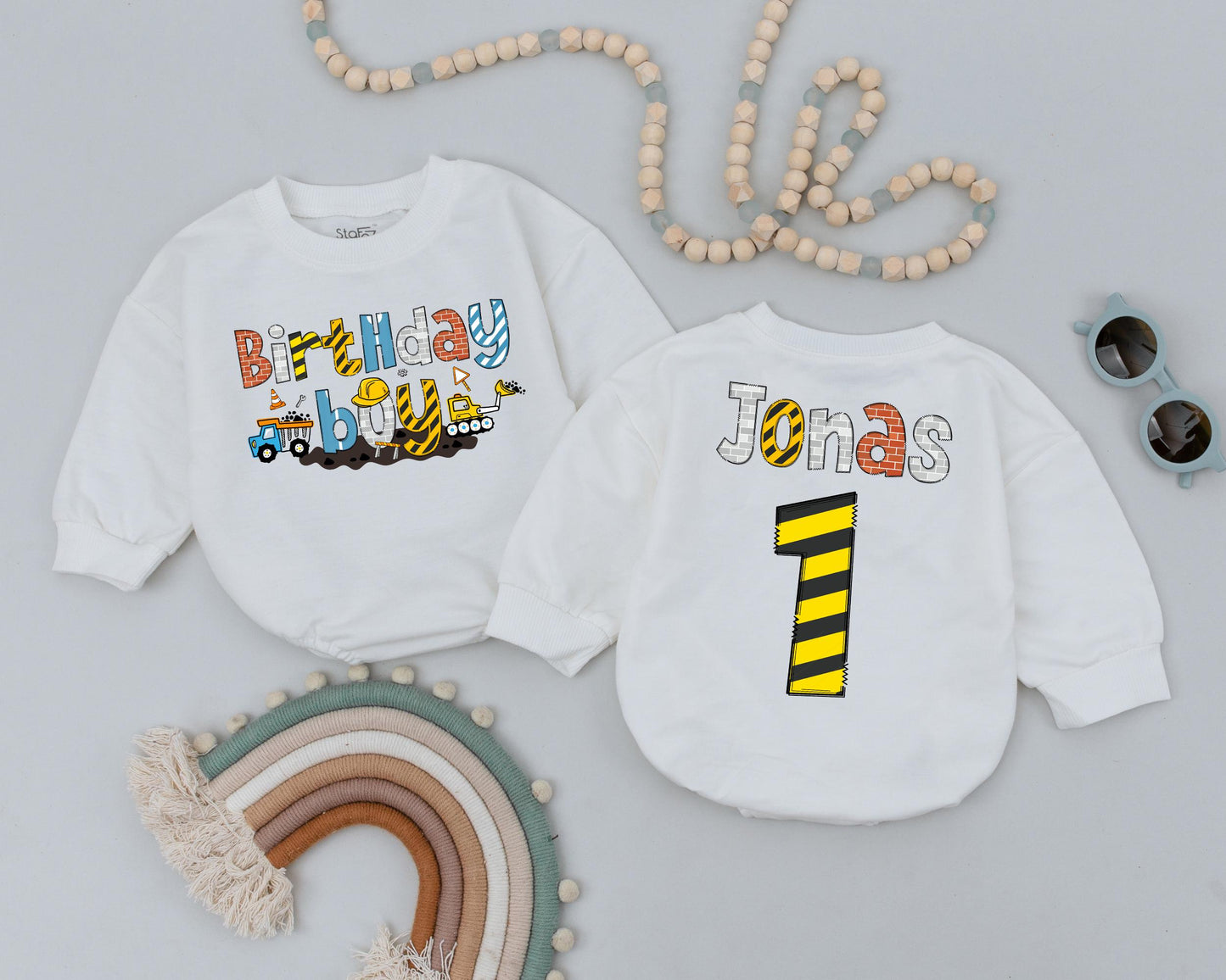 Construction Birthday Boy Outfit Personalized Name Romper First Birthday Yellow Truck Bodysuit Toddler Sweatshirt Family Party Celebration (139 chars)