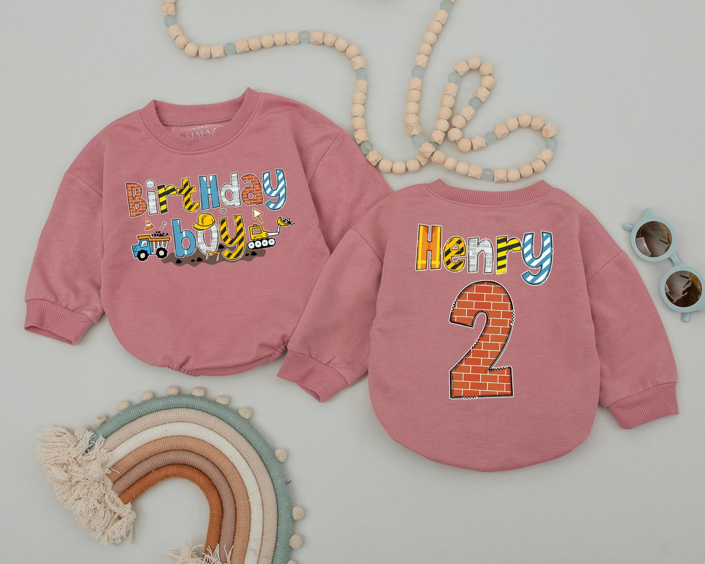 Construction Birthday Boy Outfit Personalized Name Romper First Birthday Yellow Truck Bodysuit Toddler Sweatshirt Family Party Celebration (139 chars)