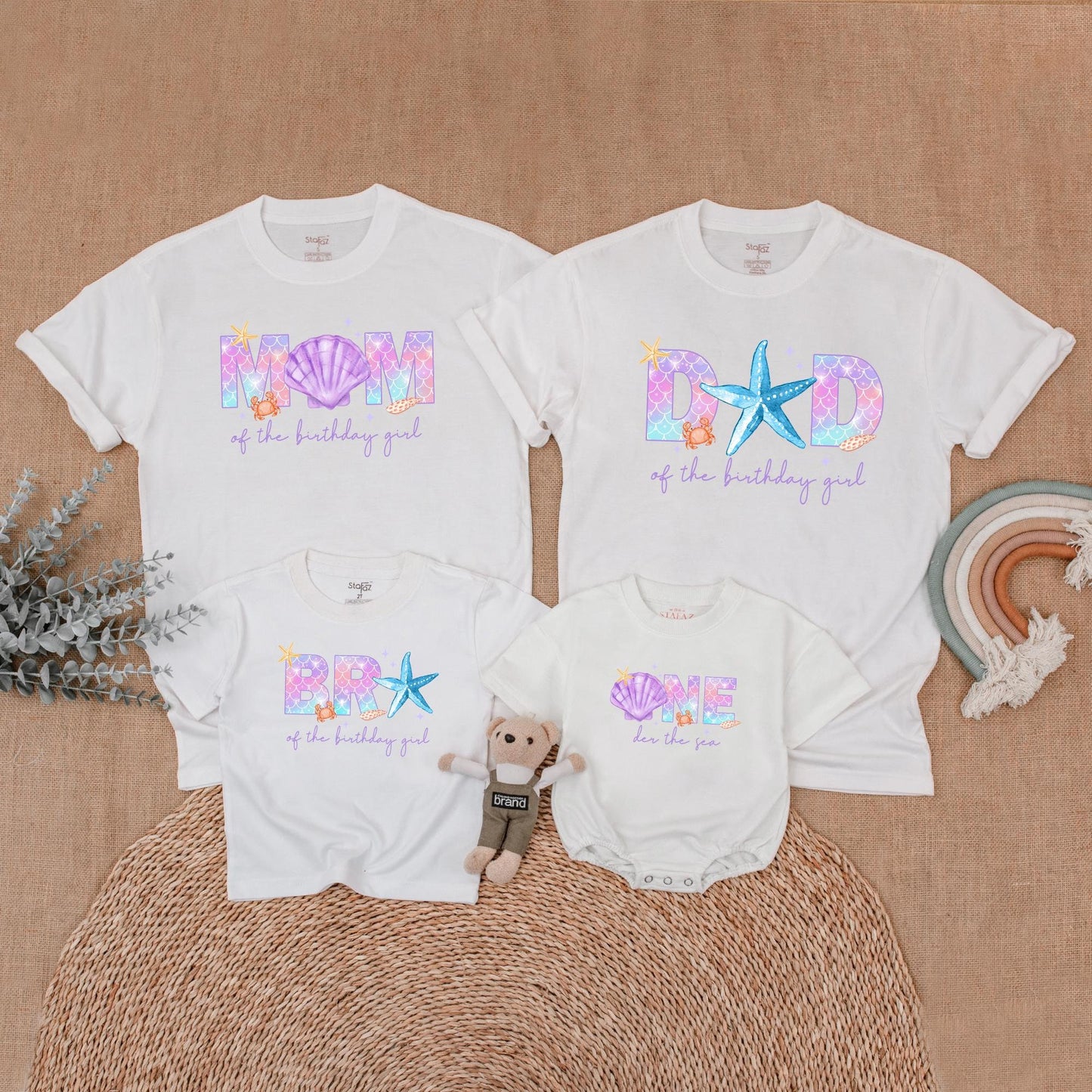 Whimsical Mermaid Birthday Family Shirts Pastel Purple Pink Blue Scale Crab Starfish Shells Mom Dad Birthday Girl Outfit Matching