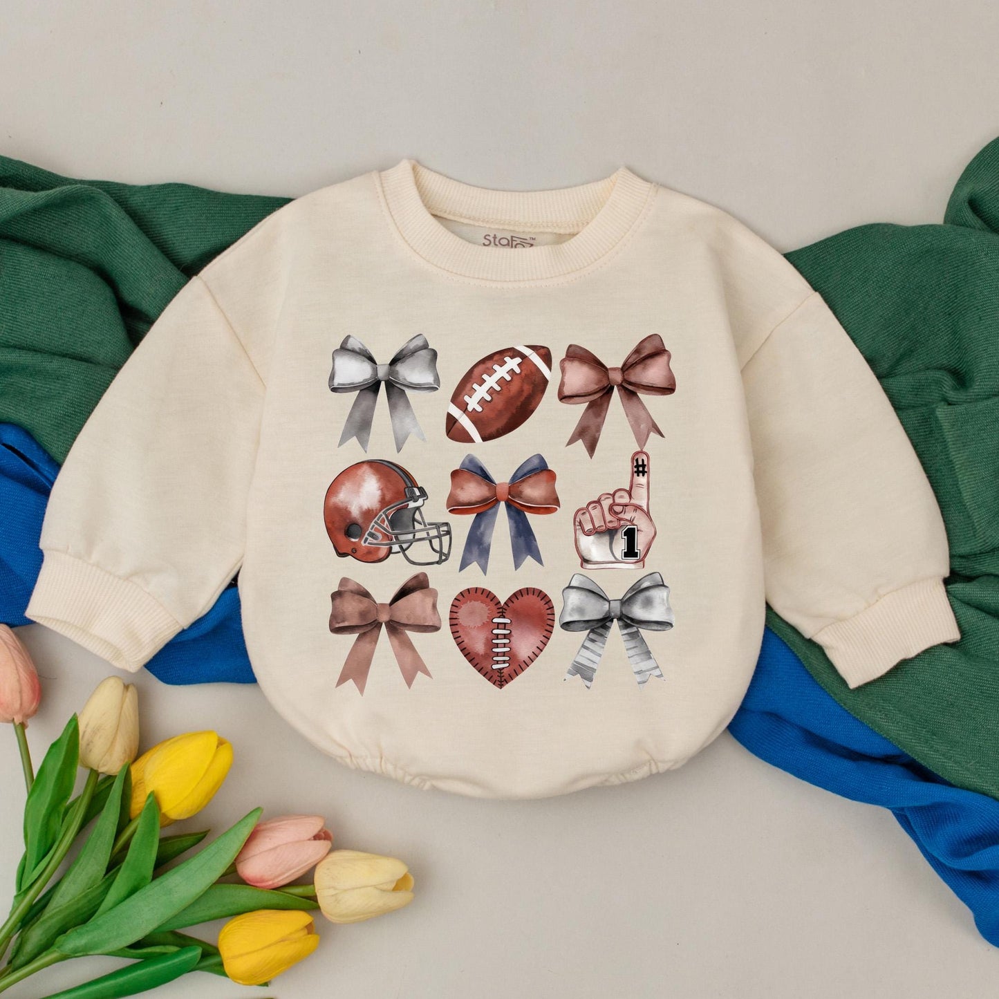 Personalized Football Bow Baby Romper Retro Game Day Outfit Custom Name Bubble Romper Fall Season Sporty Clothes Newborn Toddler Gift