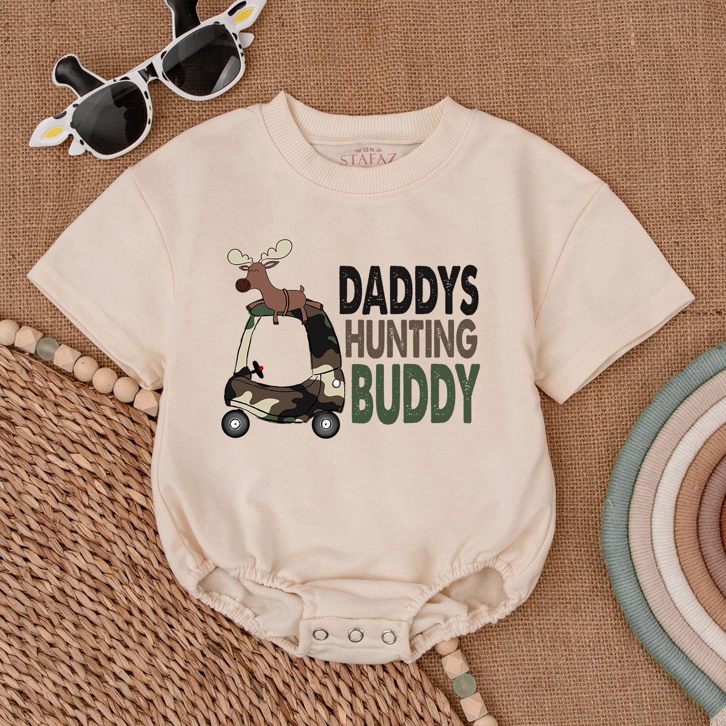 Daddy's Hunting Buddy Baby Romper Boy Bodysuit Camo Golf Cart Moose Design Baby Shower Gift Hunting Outfit