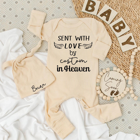 Personalized Heaven Sent Baby Bodysuit and Hat Set featuring "Sent with Love by Grandma in Heaven" and Custom Baby Name