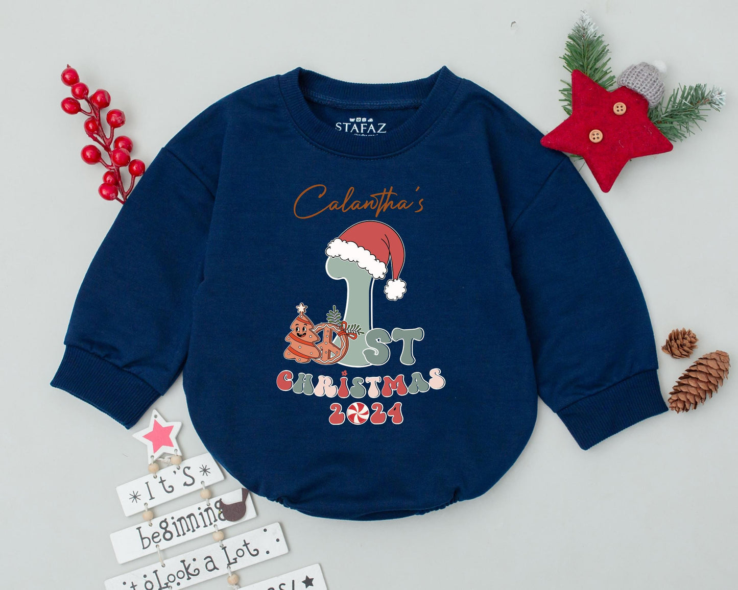 Calantha's First Christmas Romper Personalized 2024 Baby Outfit Retro Holiday Bodysuit, Gingerbread Man, Santa Hat, Fun Infant Clothes, Boy or Girl 138