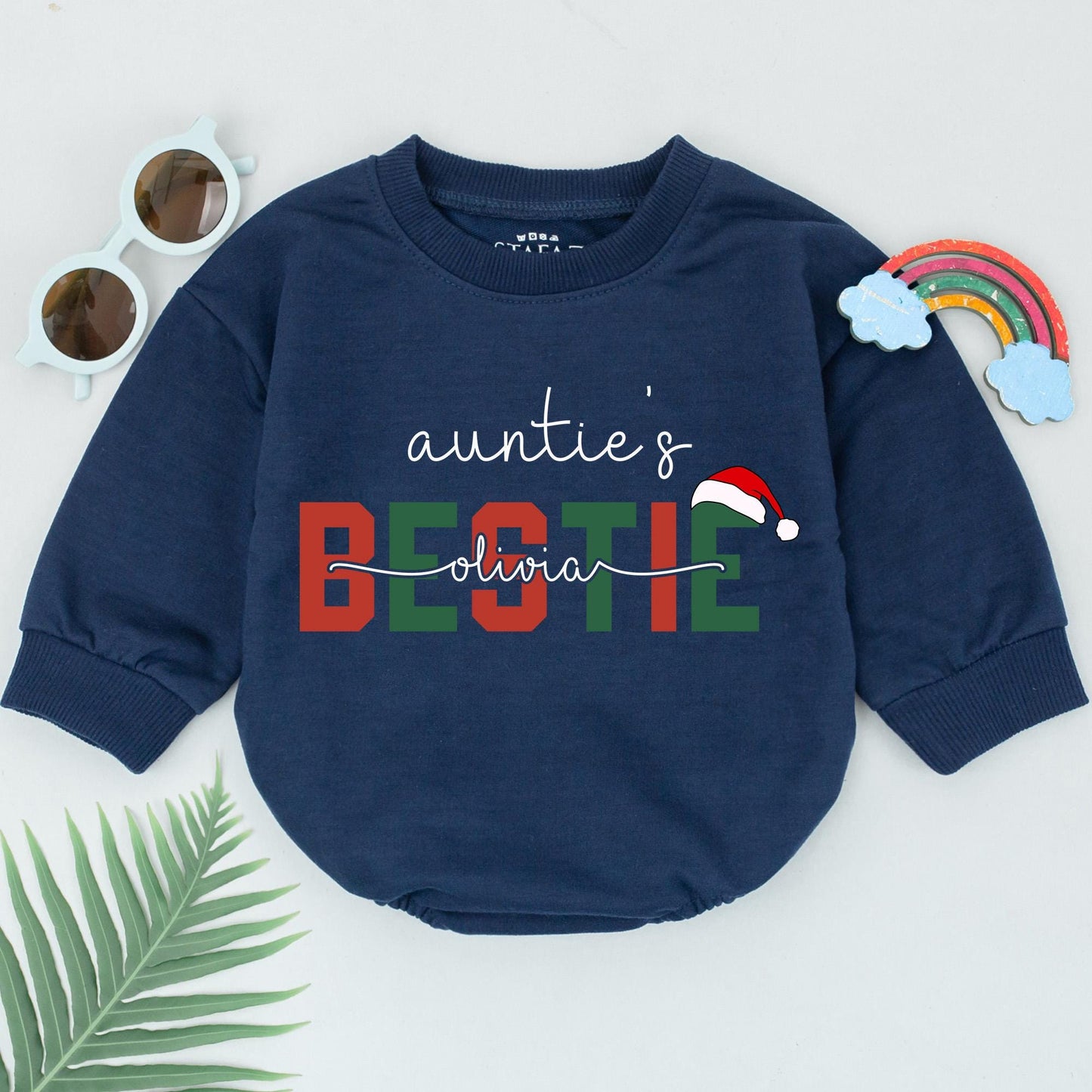 Personalized Auntie's Bestie 1st Christmas Romper: Olivia's Festive Santa Hat Design for Baby Girl, Newborn Outfit, Playful Holiday Gift (139 chars)