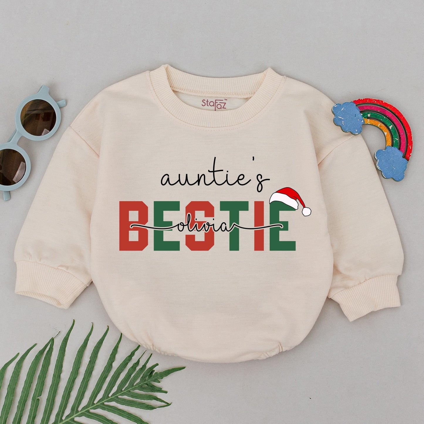 Personalized Auntie's Bestie 1st Christmas Romper: Olivia's Festive Santa Hat Design for Baby Girl, Newborn Outfit, Playful Holiday Gift (139 chars)