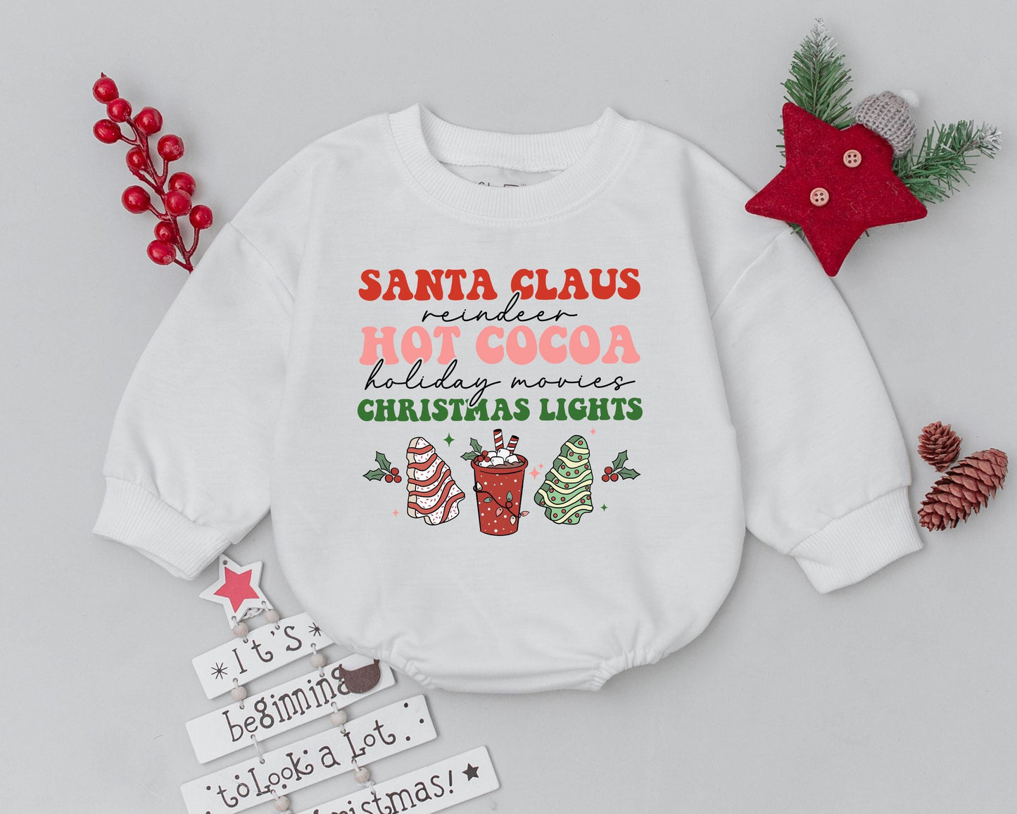 Festive Christmas Baby Romper: Santa, Reindeer, Hot Cocoa & Holiday Lights! Cute Newborn Bodysuit Outfit & Baby Shower Gift Idea, Playful Holiday Style
