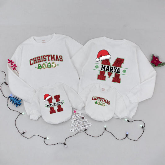 Matching Family Christmas Crew Sweatshirts: Custom Name & Initial Santa Hats, Holiday Red and Green Xmas Sweaters for Baby, Kids, and Adults
