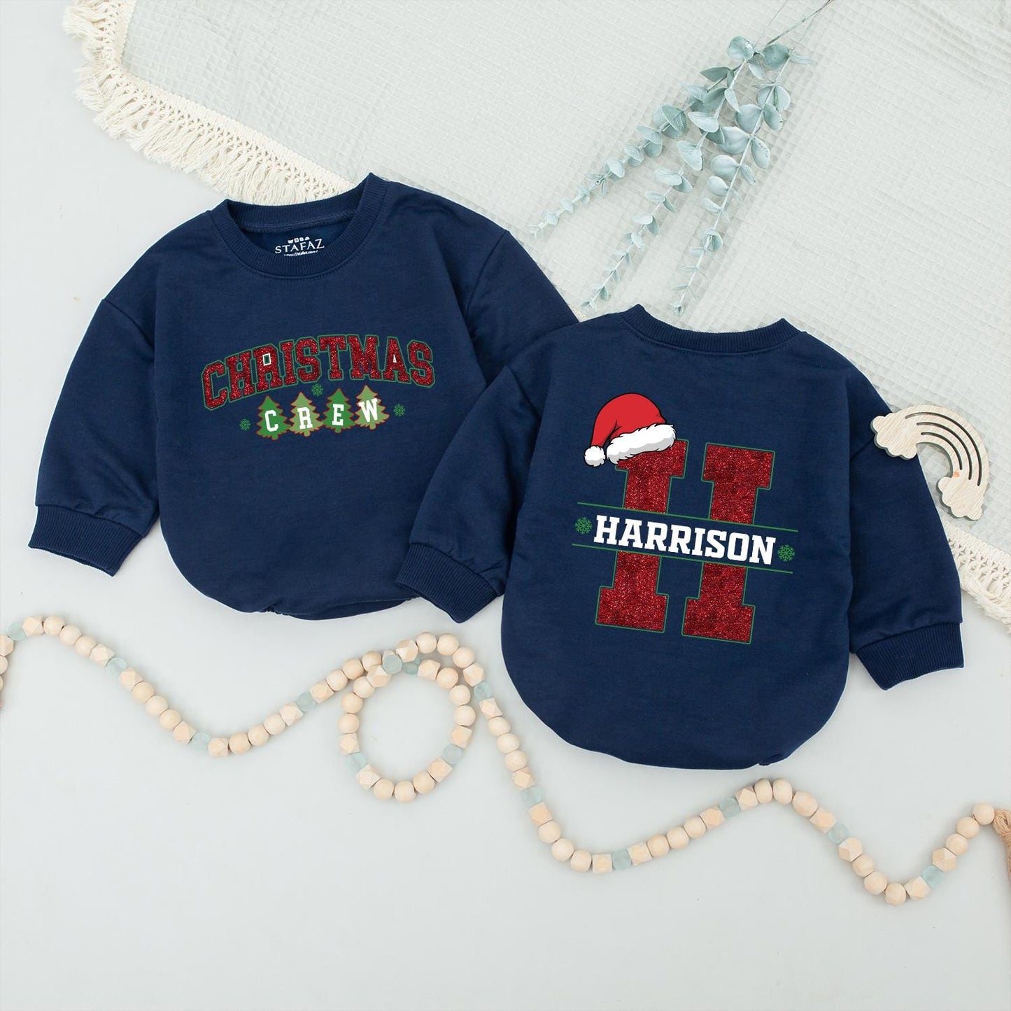 Matching Family Christmas Crew Sweatshirts: Custom Name & Initial Santa Hats, Holiday Red and Green Xmas Sweaters for Baby, Kids, and Adults