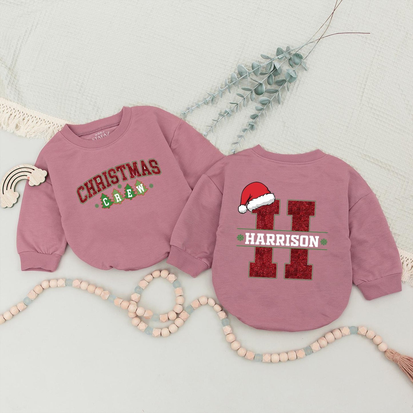 Matching Family Christmas Crew Sweatshirts: Custom Name & Initial Santa Hats, Holiday Red and Green Xmas Sweaters for Baby, Kids, and Adults