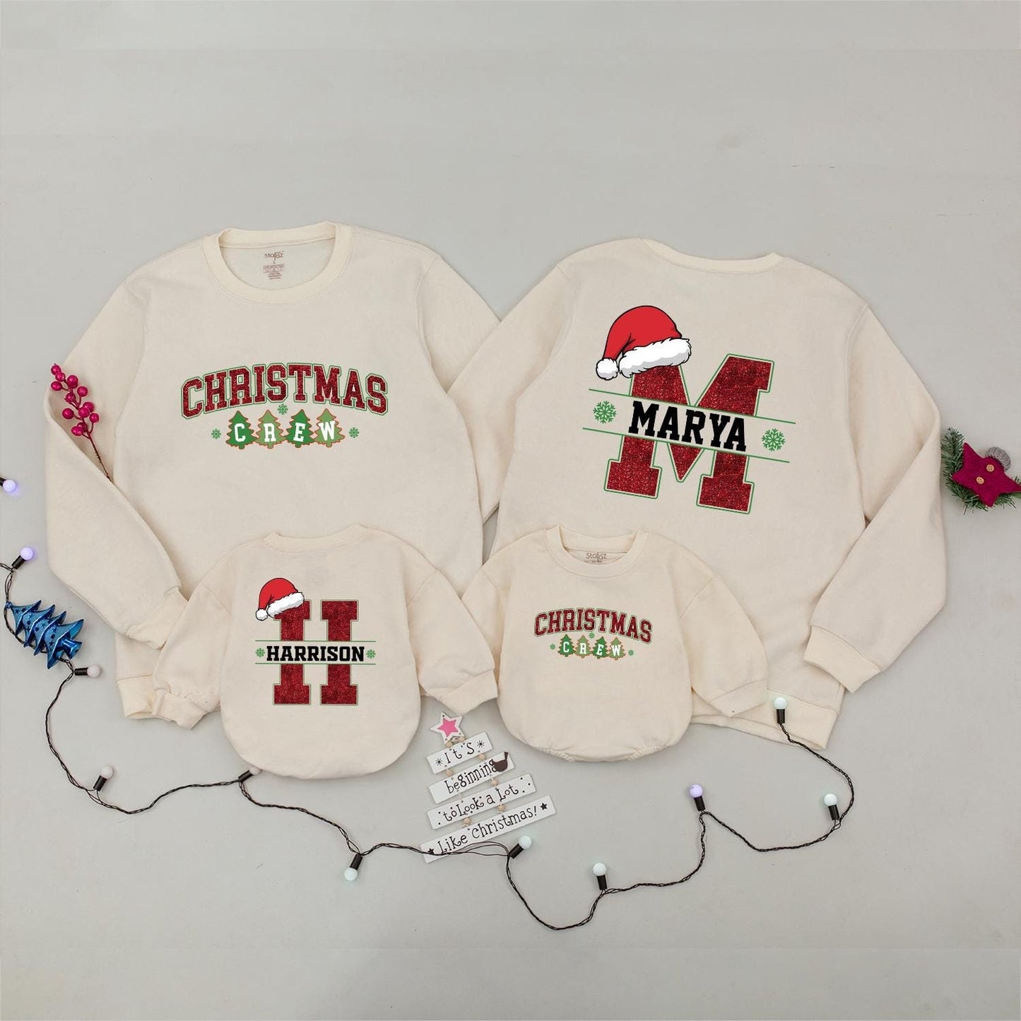 Matching Family Christmas Crew Sweatshirts: Custom Name & Initial Santa Hats, Holiday Red and Green Xmas Sweaters for Baby, Kids, and Adults