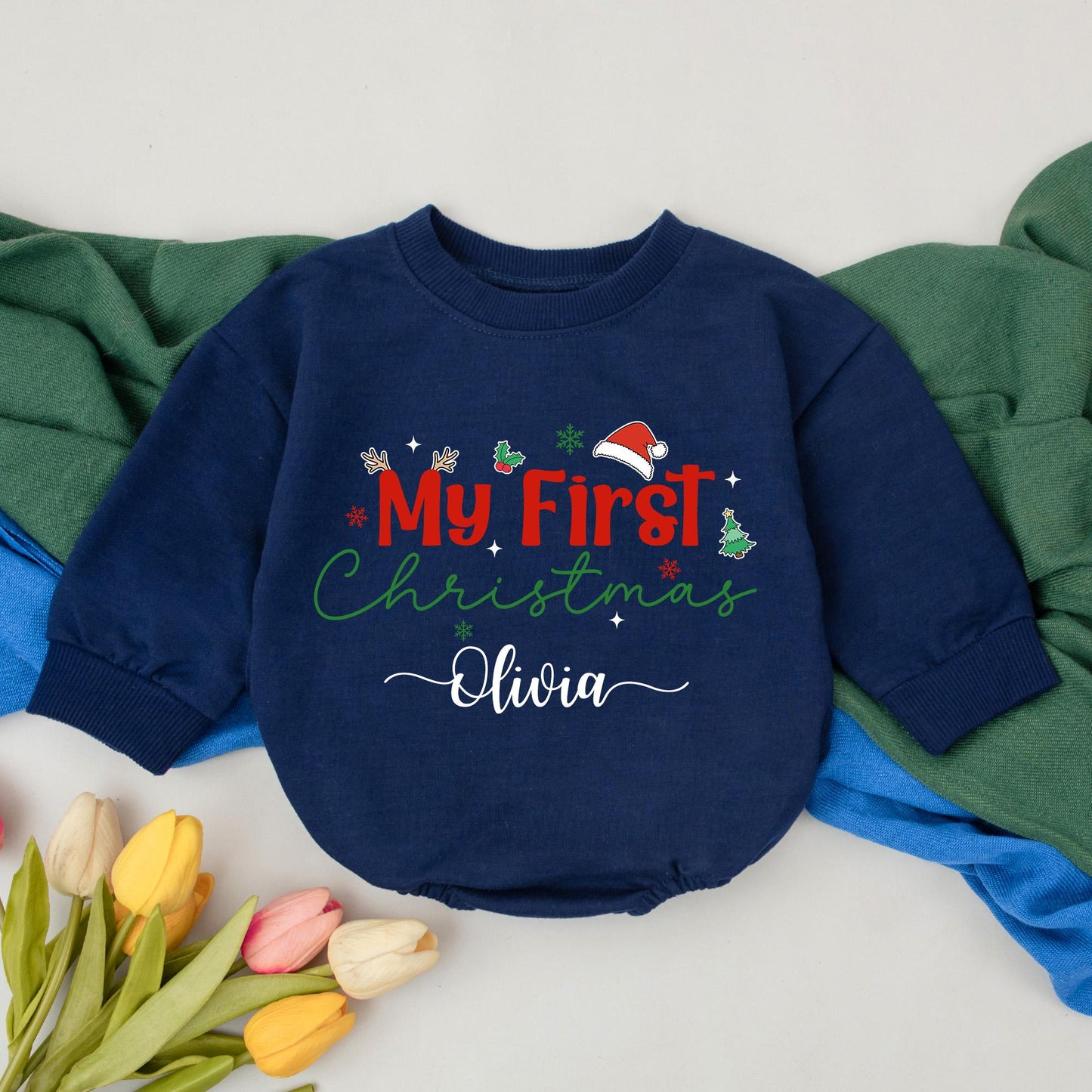 My First Christmas Personalized Baby Romper, Olivia's 1st Holiday Outfit, Newborn Girl Gift, Festive Reindeer Antlers Romper, Baby Shower Present (137 chars)