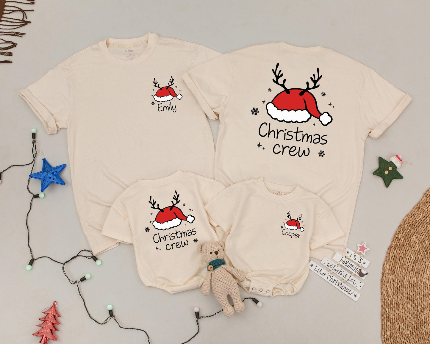 Personalized Christmas Crew Matching Family Shirts Reindeer Antlers Santa Hat Holiday Pajamas, Custom Name Christmas Morning Outfit for Mom, Baby & Kids