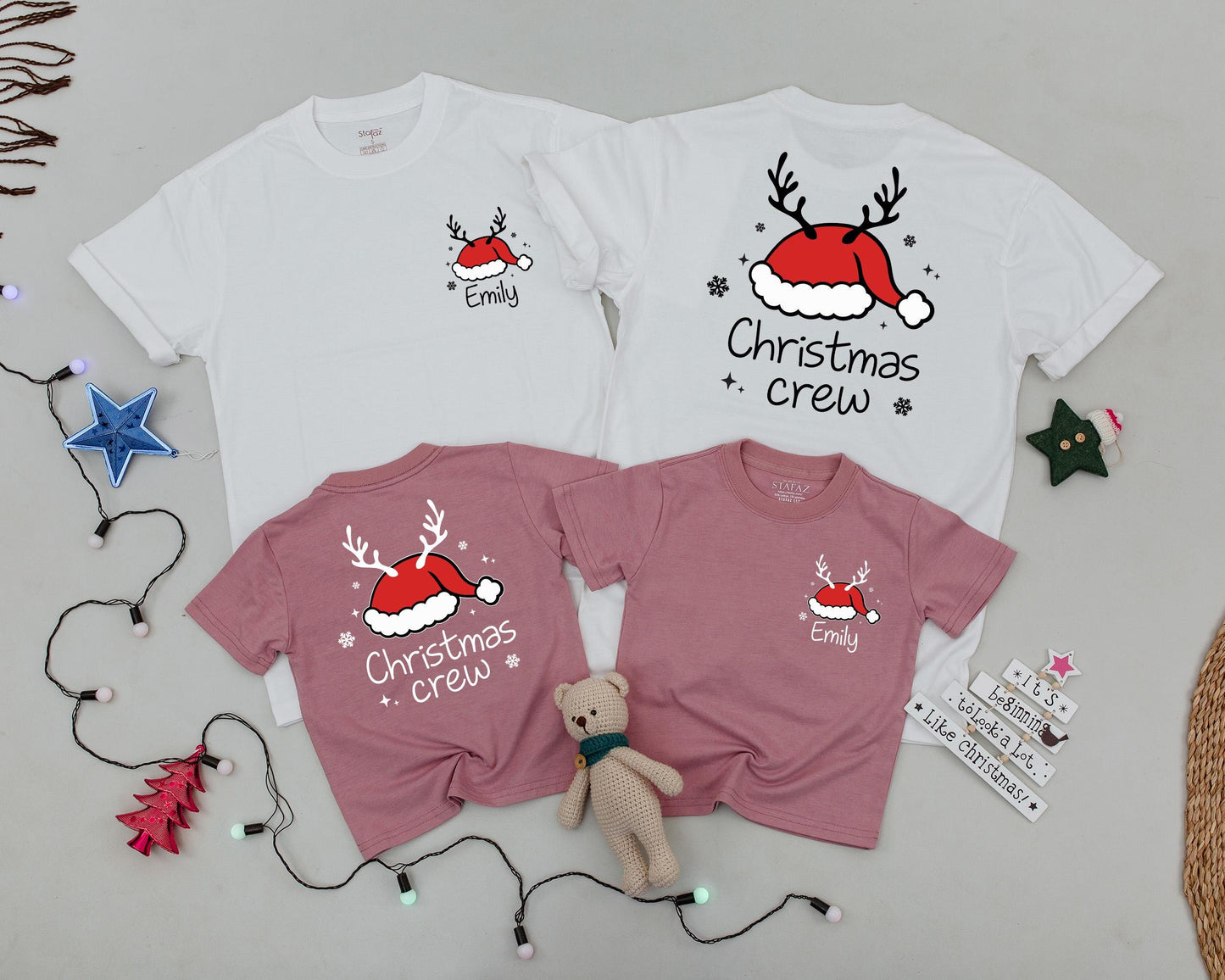 Personalized Christmas Crew Matching Family Shirts Reindeer Antlers Santa Hat Holiday Pajamas, Custom Name Christmas Morning Outfit for Mom, Baby & Kids