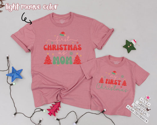 First Christmas Family Matching Shirts, Vintage Holiday Outfits for Dad Mom Baby, Newborn Announcement, Santa Hat & Festive Tree Design, Merry & Bright (140)