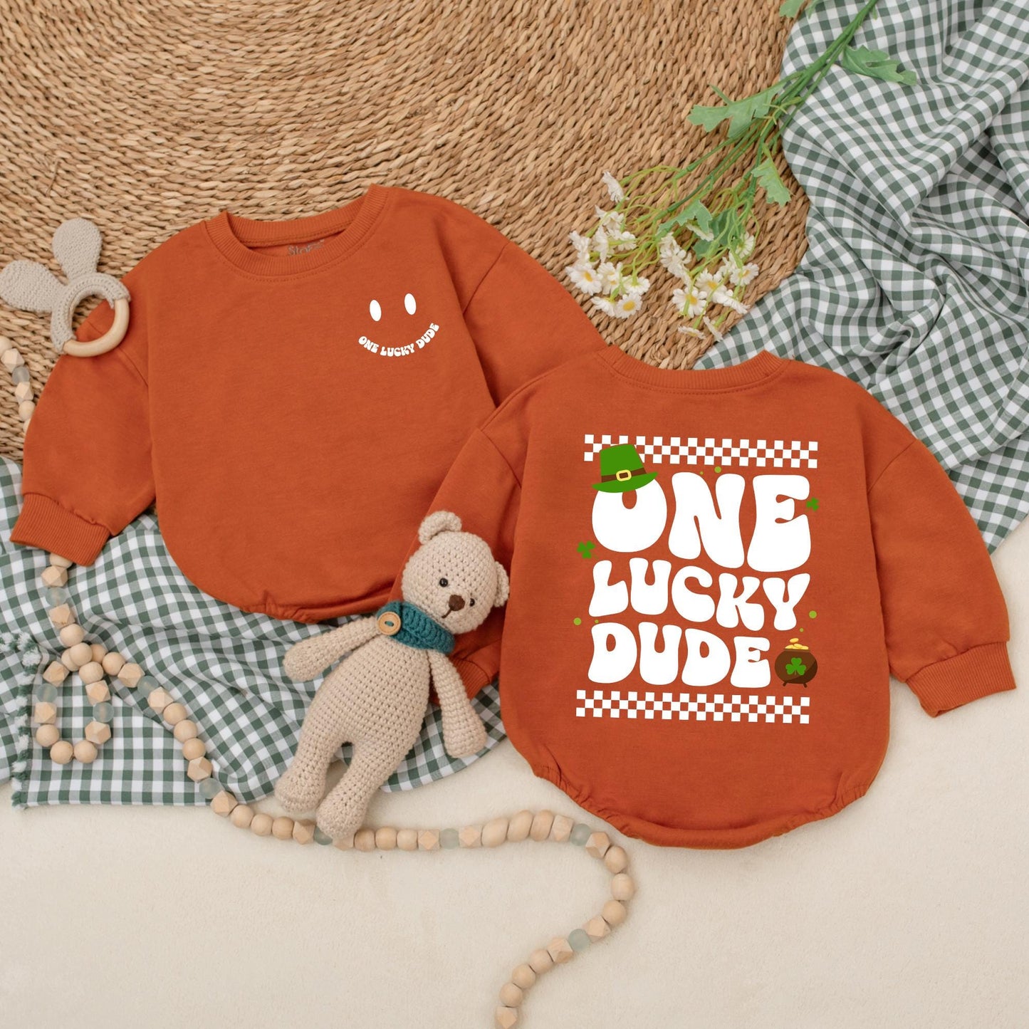 One Lucky Dude Baby Romper Retro Green Clover Bodysuit for St. Patrick's Day Outfit First Birthday Baby Shower Gift for Boys