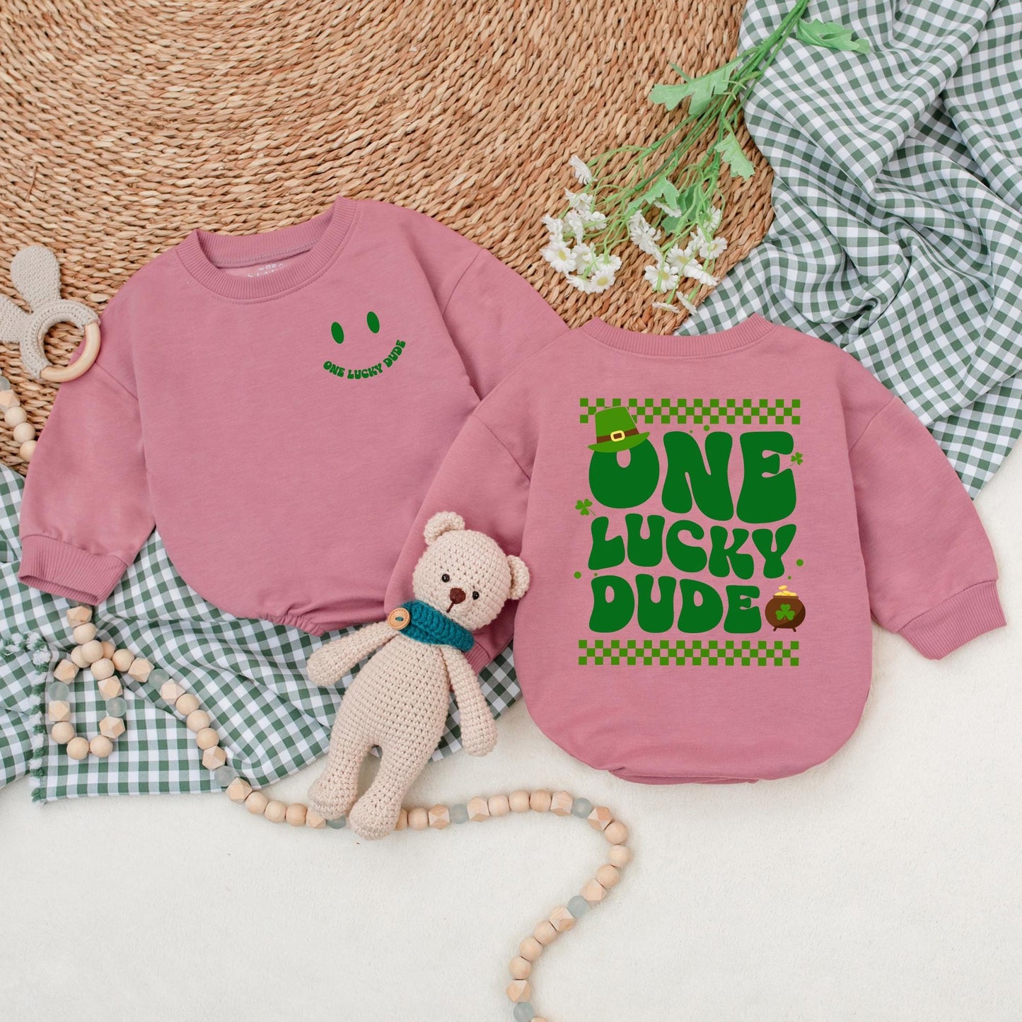 One Lucky Dude Baby Romper Retro Green Clover Bodysuit for St. Patrick's Day Outfit First Birthday Baby Shower Gift for Boys
