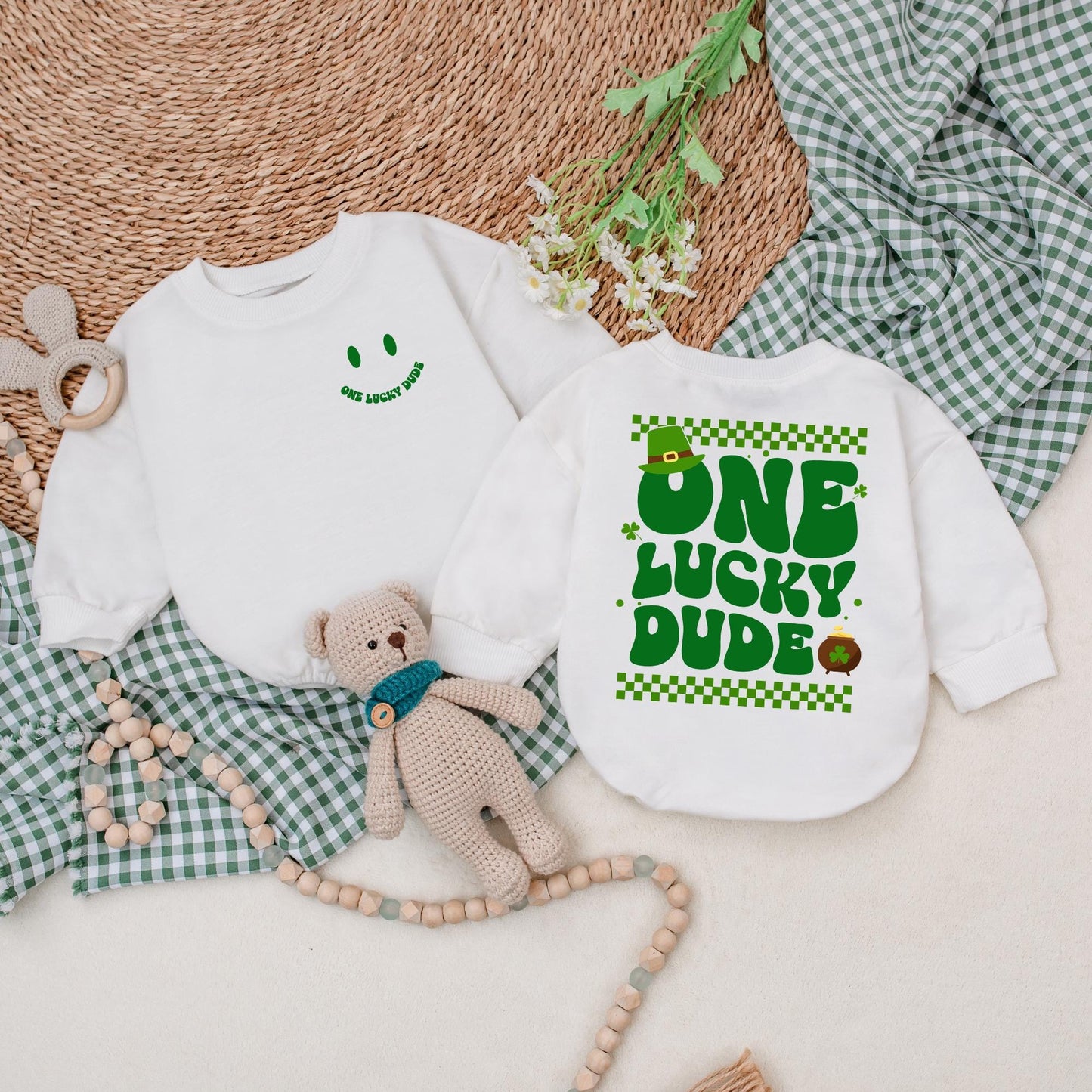 One Lucky Dude Baby Romper Retro Green Clover Bodysuit for St. Patrick's Day Outfit First Birthday Baby Shower Gift for Boys