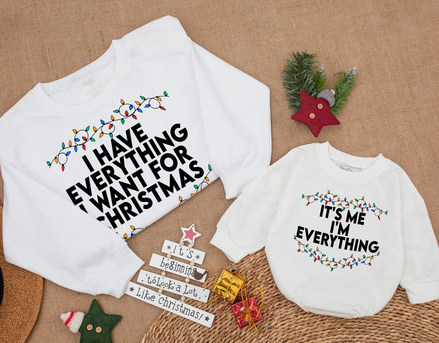 Matching Christmas Lights Sweatshirt Set: I Have Everything I Want Outfit, It's Me! Comfy Family Holiday Sweaters, Mama and Baby Winter Gift 1st Xmas