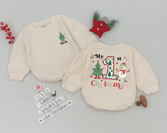 Personalized My 1st Christmas Romper, Retro Tree Toddler Sweatshirt, Holiday Outfit Set! Custom Name Infant Clothes, Baby Boy or Girl Gift, Christmas Party (138 chars)