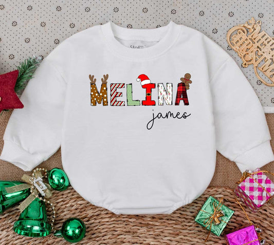Personalized Melina's 1st Christmas Romper: Custom Name Holiday Baby Outfit, James Font, Gingerbread & Reindeer Design, Newborn Gift Sweatshirt 138 chars