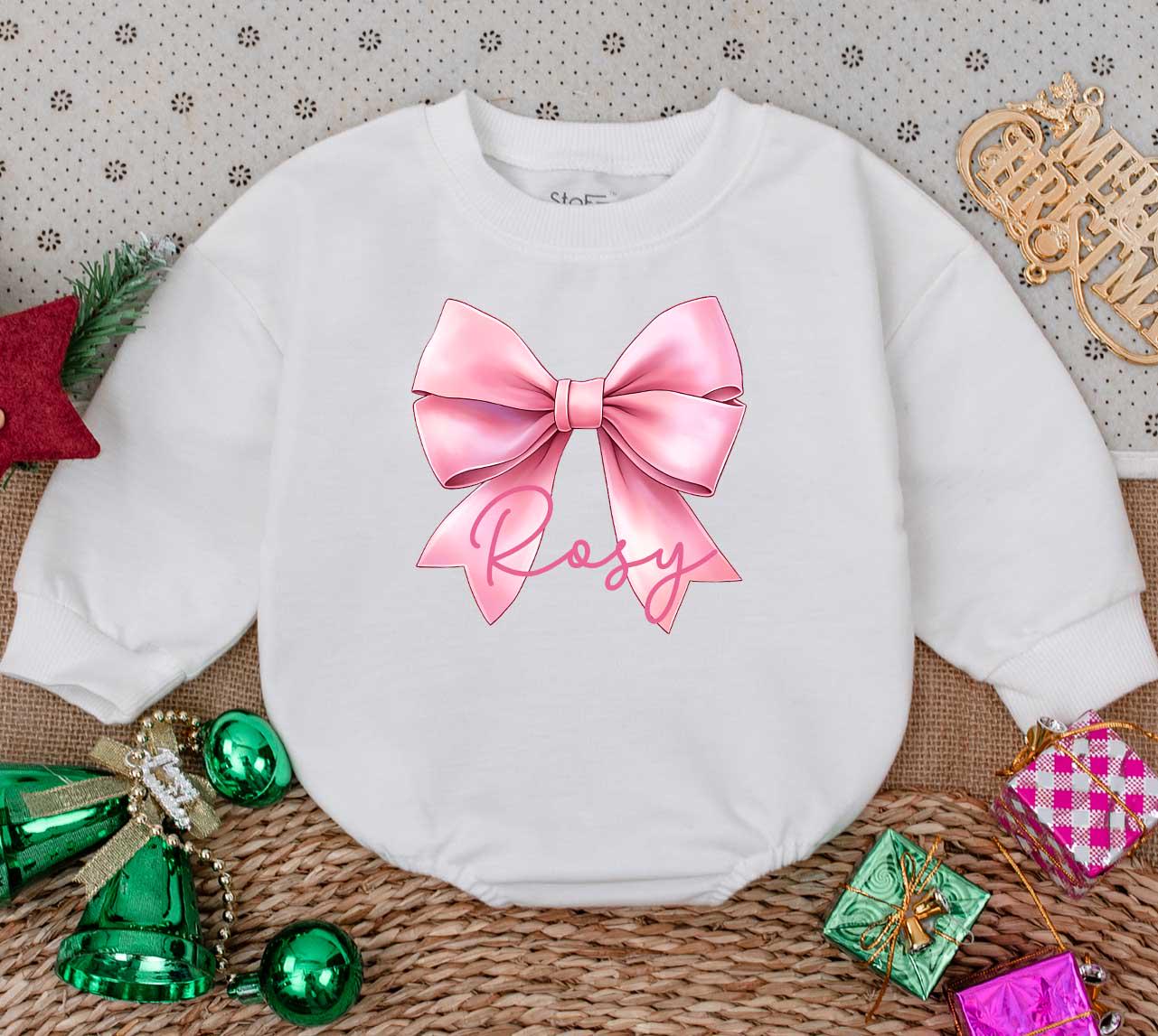 Personalized Rosy Bow Baby Romper - Custom Name Pink Outfit, Cute Girly Clothes, Newborn Girl Gift, Soft Cotton Bodysuit, Holiday Baby Shower Keepsake (139)