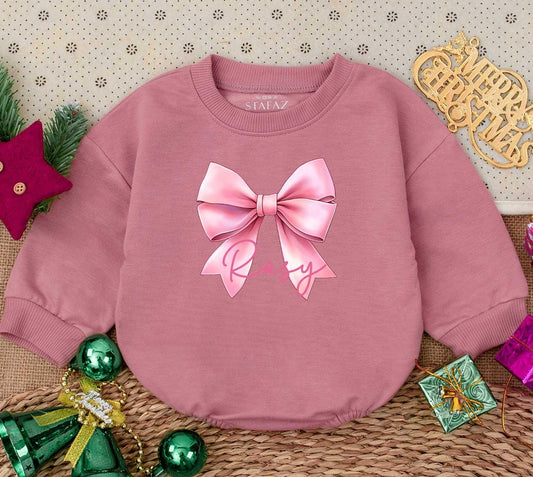 Personalized Rosy Bow Baby Romper - Custom Name Pink Outfit, Cute Girly Clothes, Newborn Girl Gift, Soft Cotton Bodysuit, Holiday Baby Shower Keepsake (139)