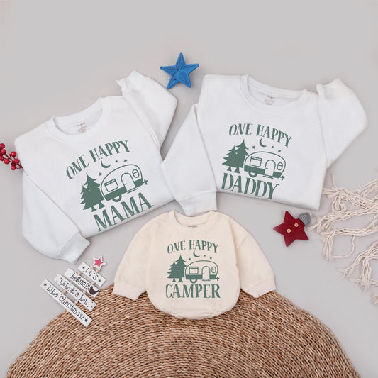 One Happy Camper Family Matching Sweatshirts, Camping 1st Birthday Outfit, Green Pine Tree Moon Starry Design, Mama Daddy Baby Shirts, Sweet Camp Vibes