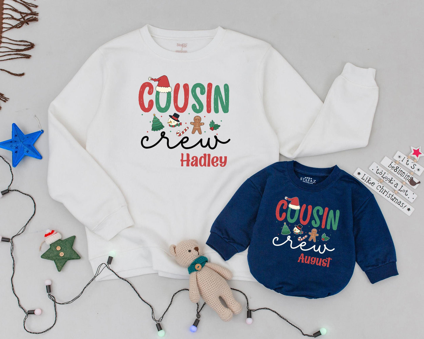 Personalized Cousin Crew Christmas Sweatshirt, Retro Holiday Matching Family Sweaters, Custom Names Hadley & Holden, Festive Xmas Outfits, Soft Cotton