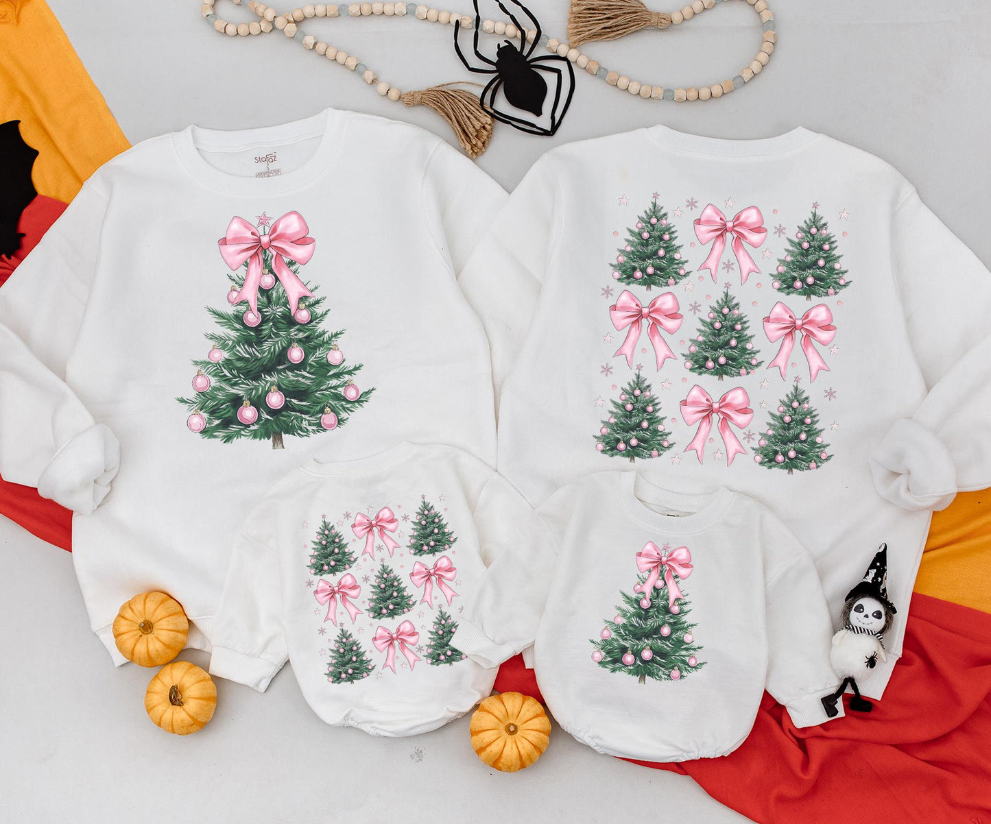 Pink Bow Christmas Tree Sweatshirt: Mommy and Me Matching Outfit, Cute Xmas Romper for Baby, Retro Holiday Sweater, Newborn Clothes for Kids, Family Outfit