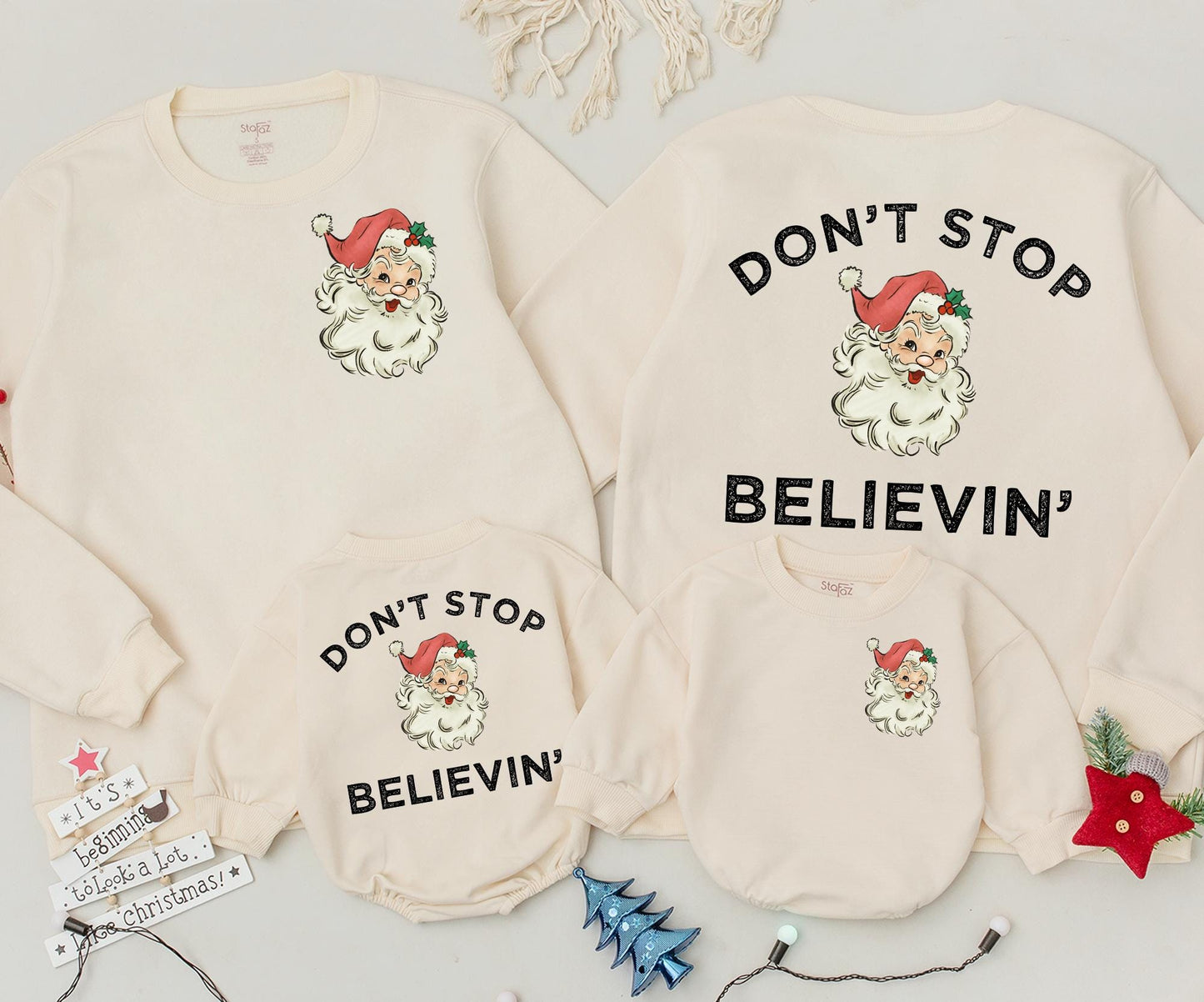 Retro Santa 'Don't Stop Believin' Sweatshirt: Vintage Christmas Sweater for Women, Men, Kids, and Newborns—Nostalgic Xmas Family Matching Outfit Idea, Cute Coquette