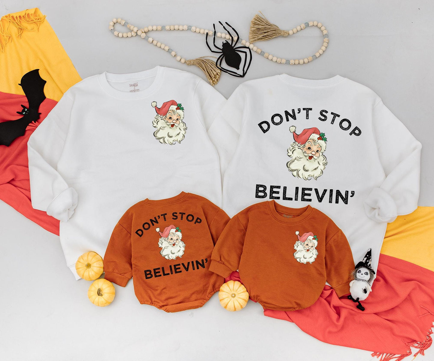 Retro Santa 'Don't Stop Believin' Sweatshirt: Vintage Christmas Sweater for Women, Men, Kids, and Newborns—Nostalgic Xmas Family Matching Outfit Idea, Cute Coquette