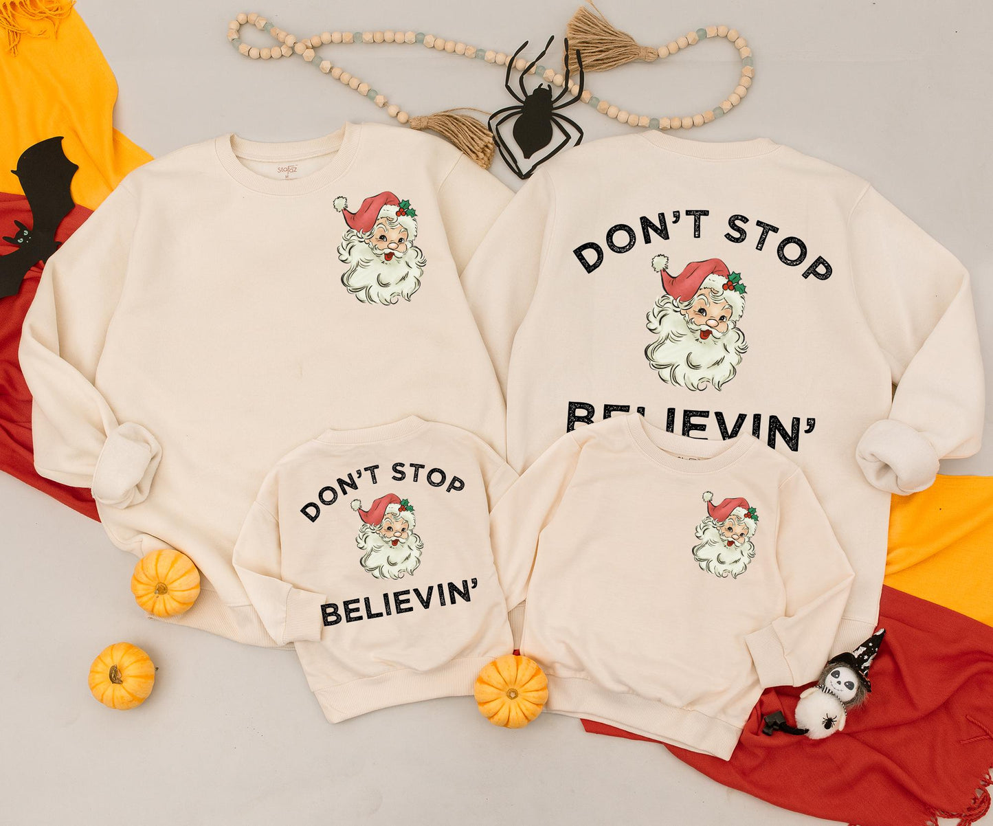 Retro Santa 'Don't Stop Believin' Sweatshirt: Vintage Christmas Sweater for Women, Men, Kids, and Newborns—Nostalgic Xmas Family Matching Outfit Idea, Cute Coquette
